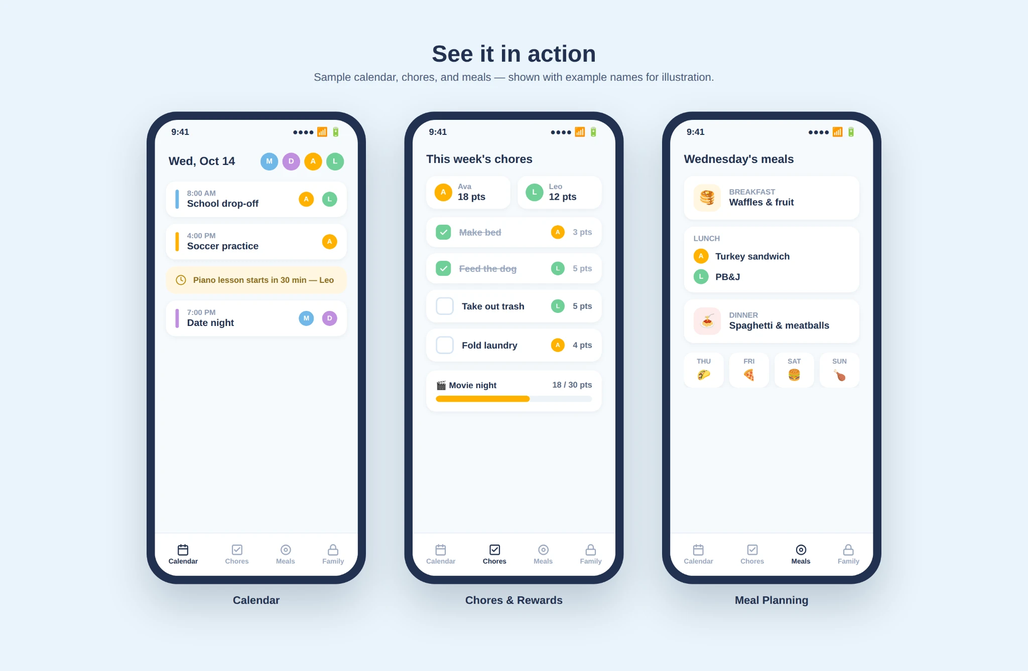 Illustrative phone previews showing a family calendar, a chore checklist with rewards, and daily meal planning